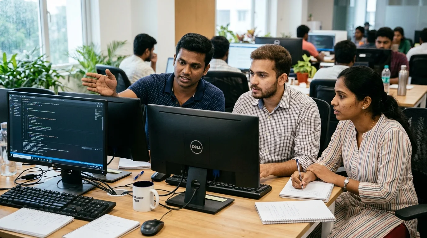 Software engineers collaborating around an office desk reviewing code