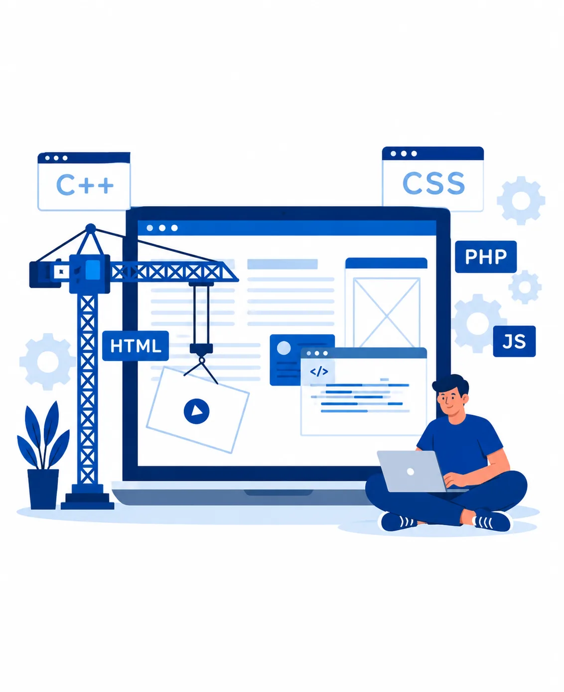 Software development illustration featuring a developer working on a laptop with web interfaces, code elements, programming technologies, and a website development setup.